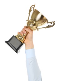 Photo of Man with golden trophy cup on white background, closeup