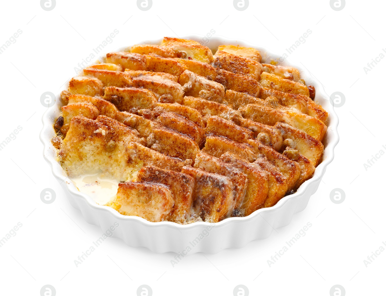 Photo of Delicious bread pudding with raisins and cinnamon isolated on white