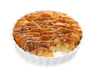 Photo of Delicious bread pudding with raisins and cinnamon isolated on white