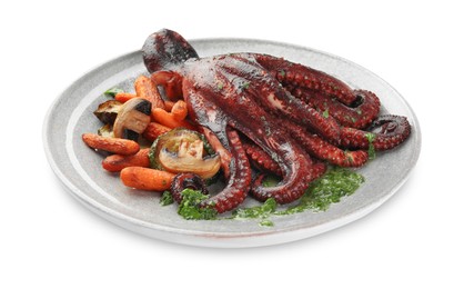 Photo of Roasted octopus with vegetables and mushrooms isolated on white