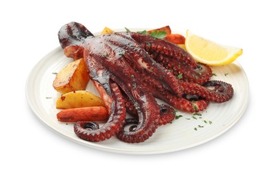 Photo of Roasted octopus with vegetables and lemon isolated on white