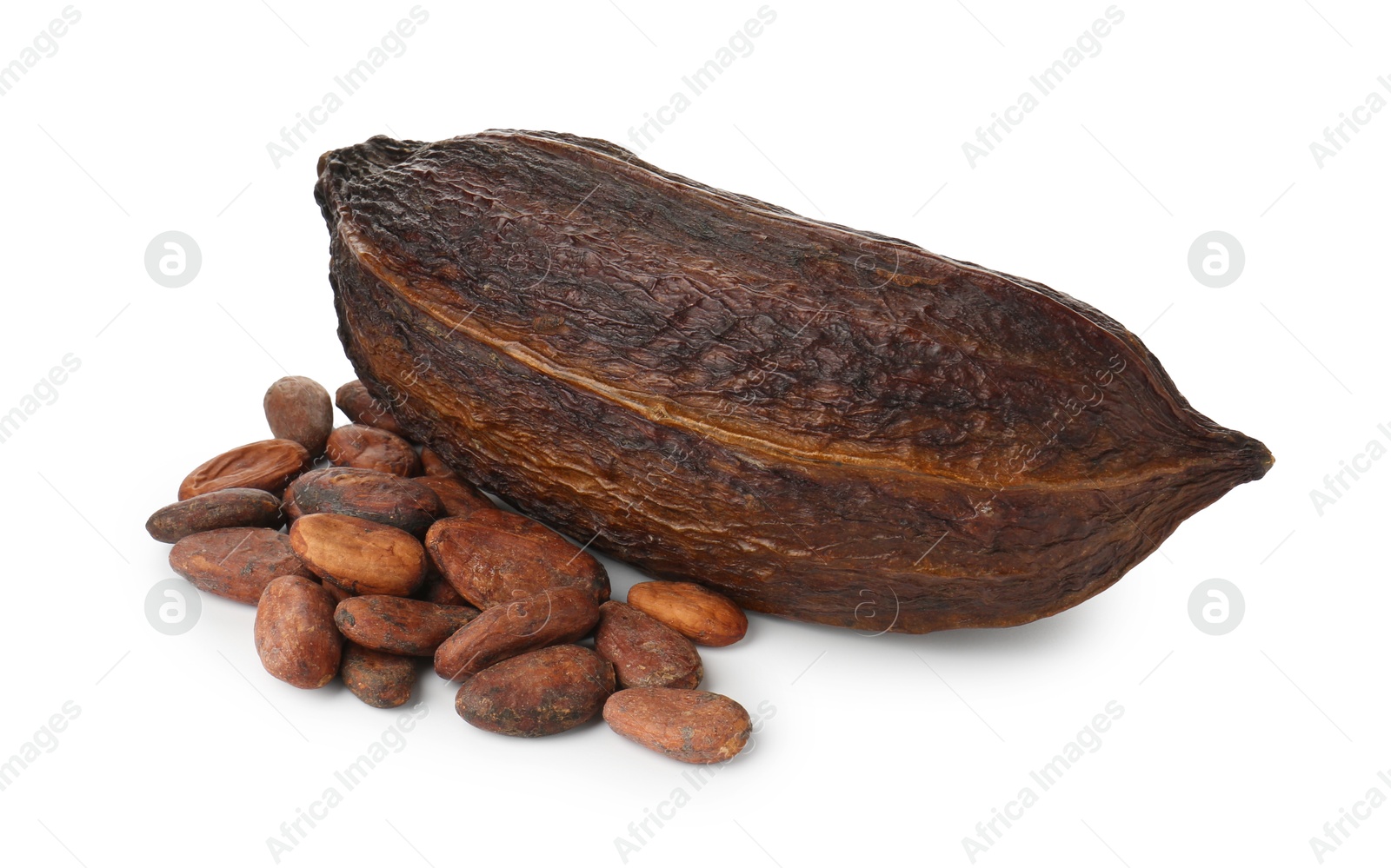 Photo of Cocoa pod and beans isolated on white