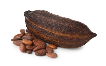 Photo of Cocoa pod and beans isolated on white