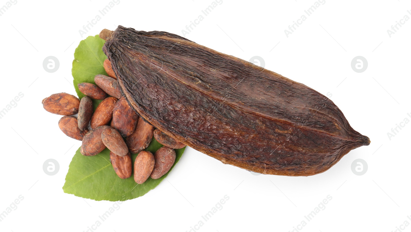 Photo of Cocoa pod, beans and leaves isolated on white, top view