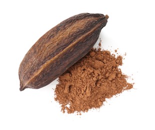 Photo of Cocoa pod and powder isolated on white, top view