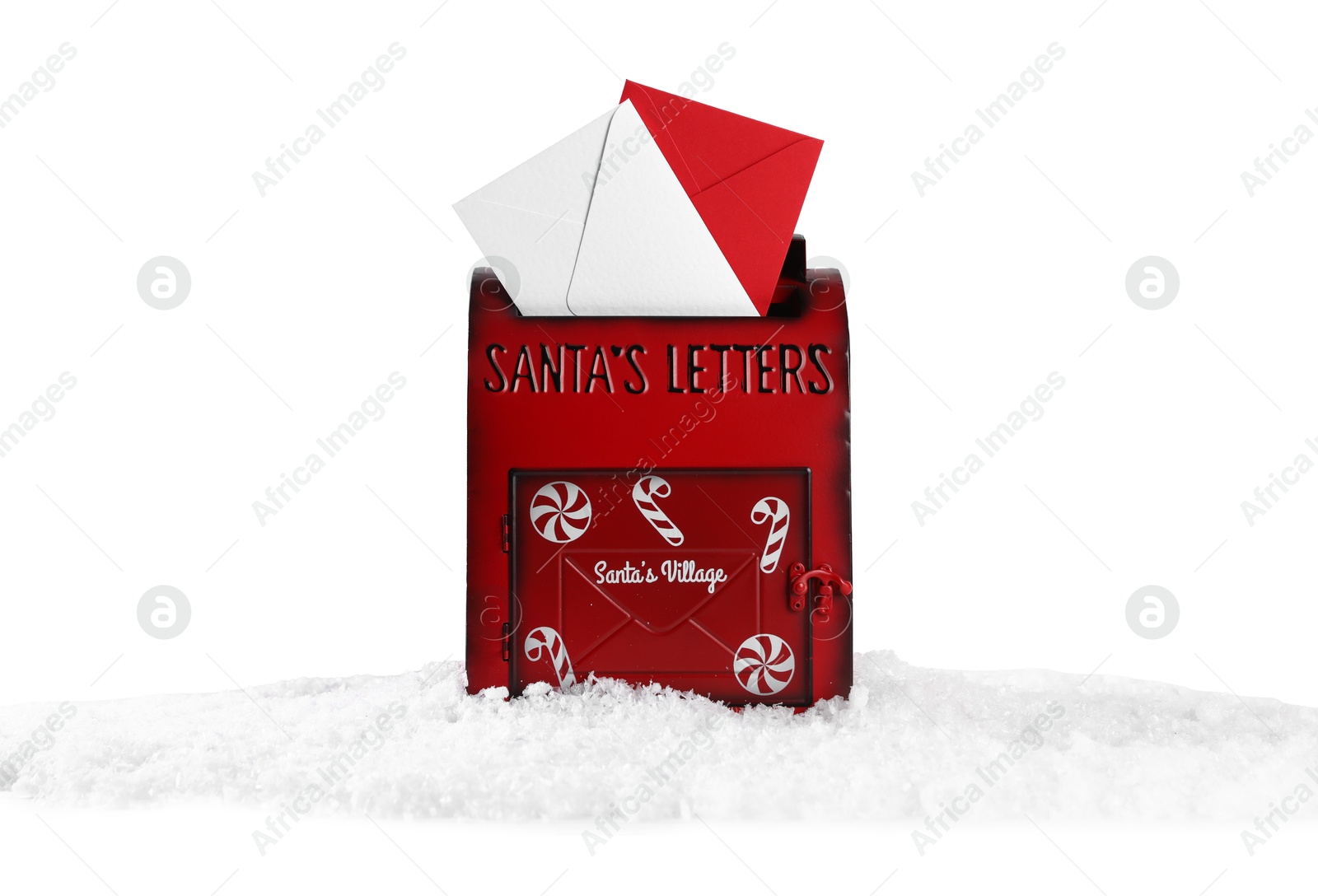 Photo of Santa Claus mail box with letters on artificial snow against white background. Christmas tradition