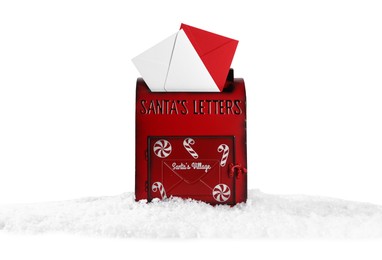 Photo of Santa Claus mail box with letters on artificial snow against white background. Christmas tradition