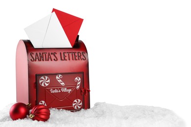 Photo of Santa Claus mail box with letters and Christmas baubles on artificial snow against white background, space for text