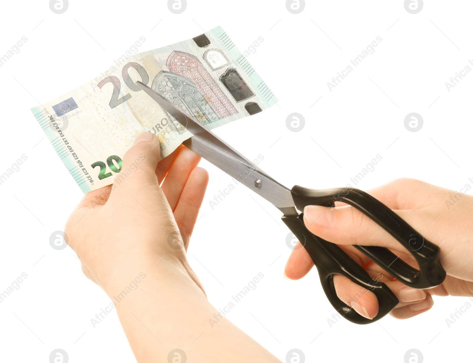 Photo of Woman cutting euro banknote on white background, closeup