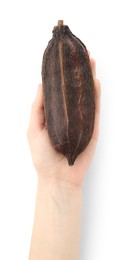 Woman with cocoa pod on white background, top view