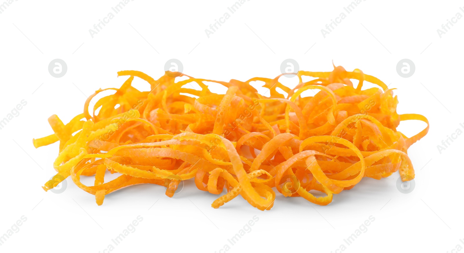 Photo of Pile of fresh orange zest isolated on white