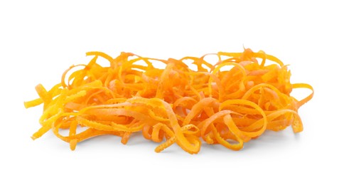 Photo of Pile of fresh orange zest isolated on white