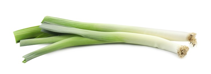 Photo of Fresh raw green leeks isolated on white