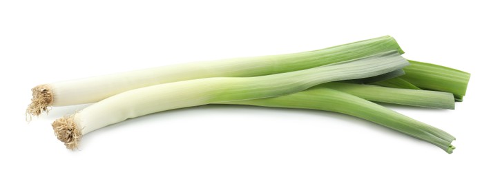 Photo of Fresh raw green leeks isolated on white