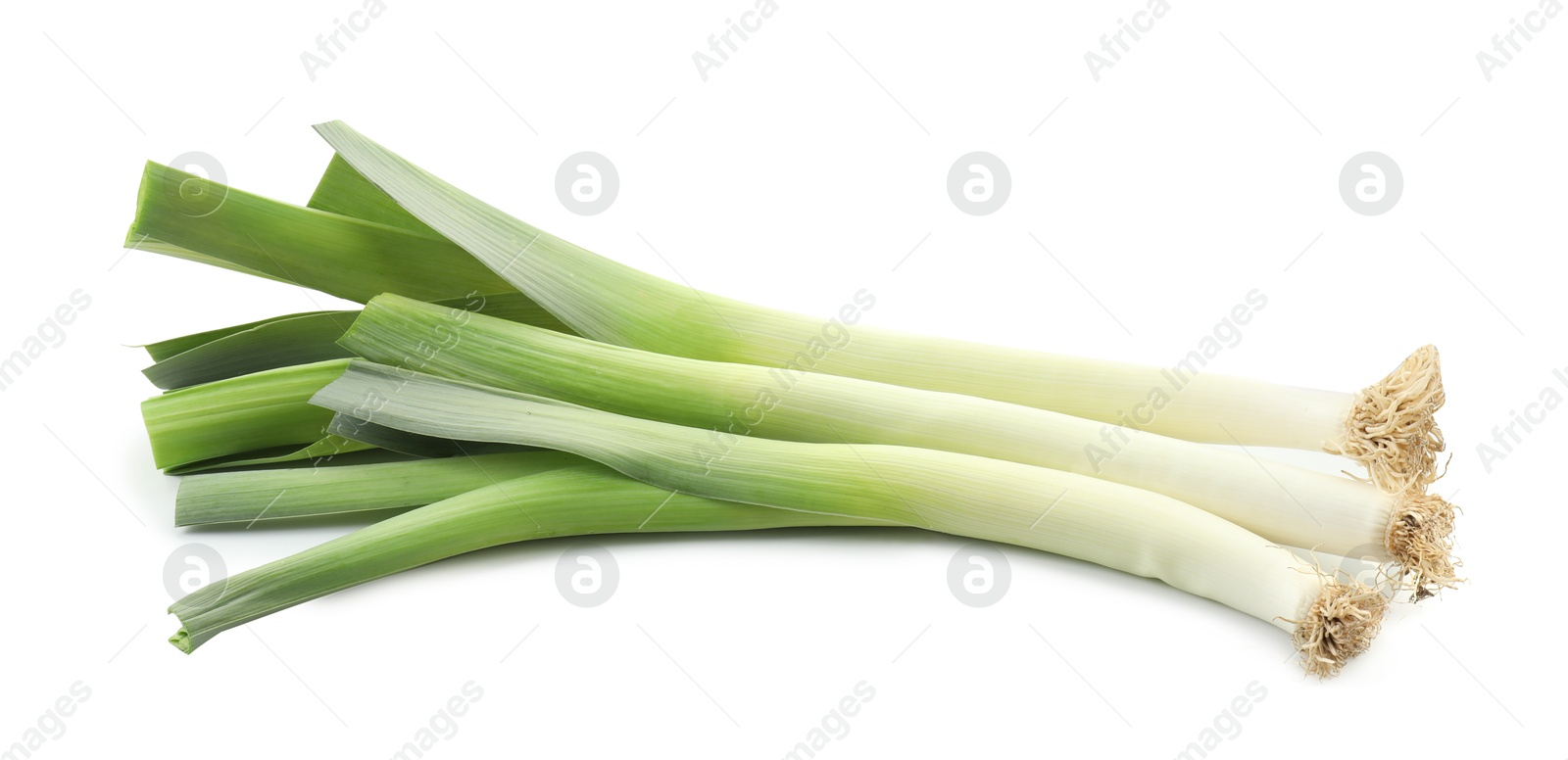 Photo of Fresh raw green leeks isolated on white