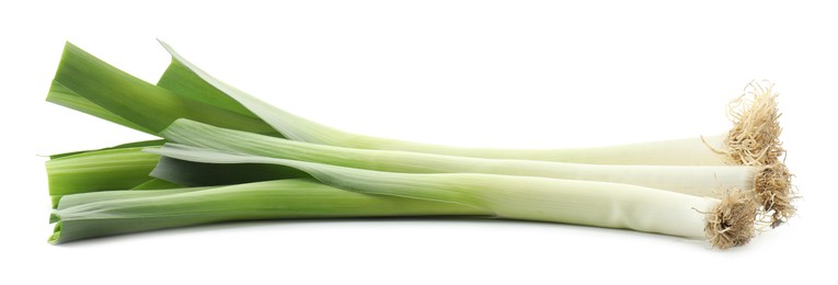 Photo of Fresh raw green leeks isolated on white