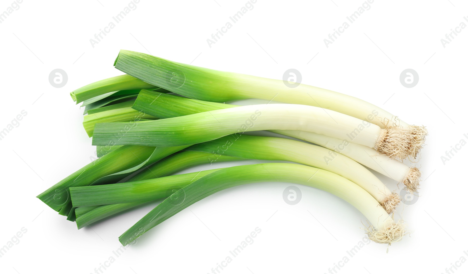 Photo of Fresh raw green leeks isolated on white, top view