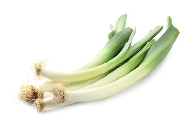 Photo of Fresh raw green leeks isolated on white