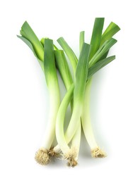 Photo of Fresh raw green leeks isolated on white, top view