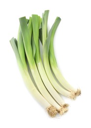 Photo of Fresh raw green leeks isolated on white, top view