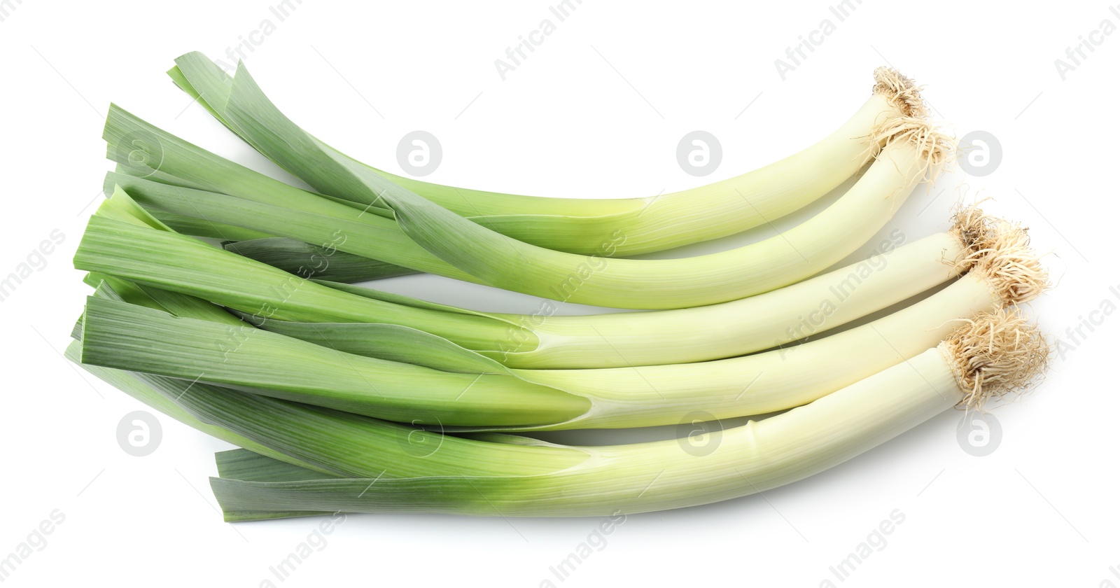 Photo of Fresh raw green leeks isolated on white, top view