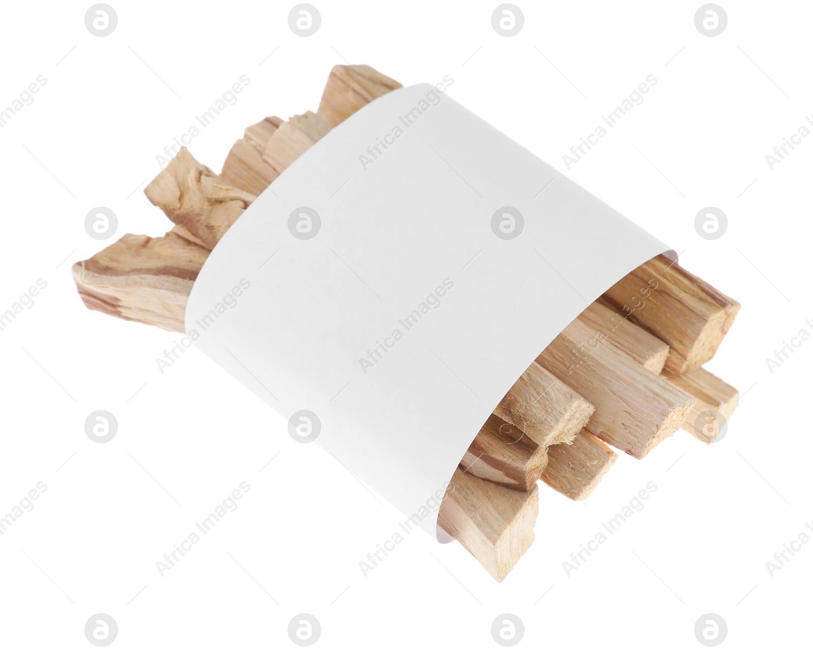 Photo of Palo santo sticks wrapped in paper on white background