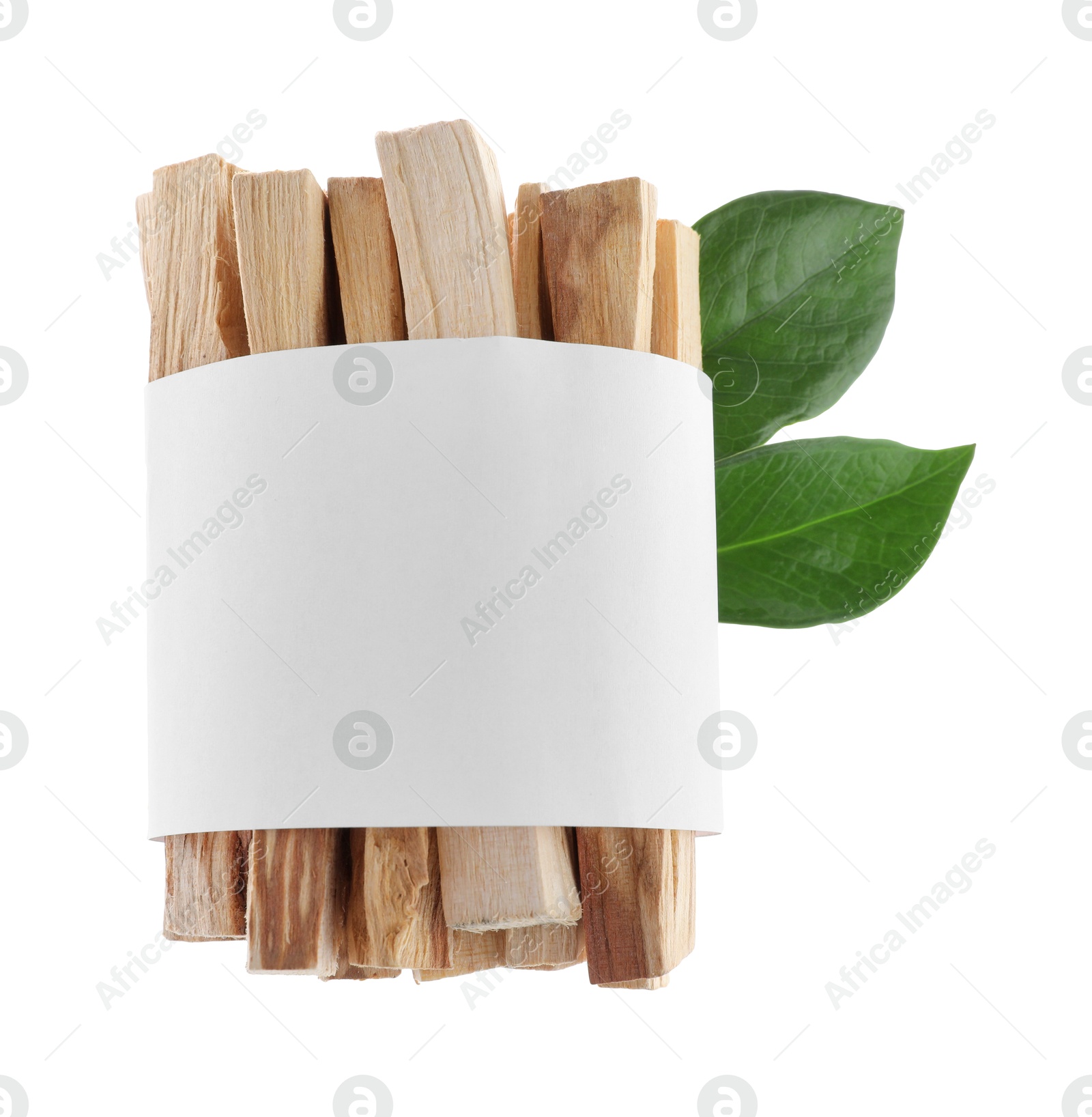 Photo of Palo santo sticks wrapped in paper and green leaves on white background