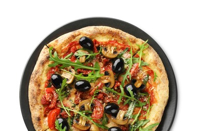 Tasty pizza with mushrooms, black olives and arugula isolated on white, top view