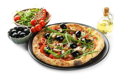 Photo of Tasty pizza with mushrooms, tomatoes, black olives and arugula isolated on white