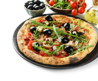 Photo of Tasty pizza with mushrooms, tomatoes, black olives and arugula isolated on white