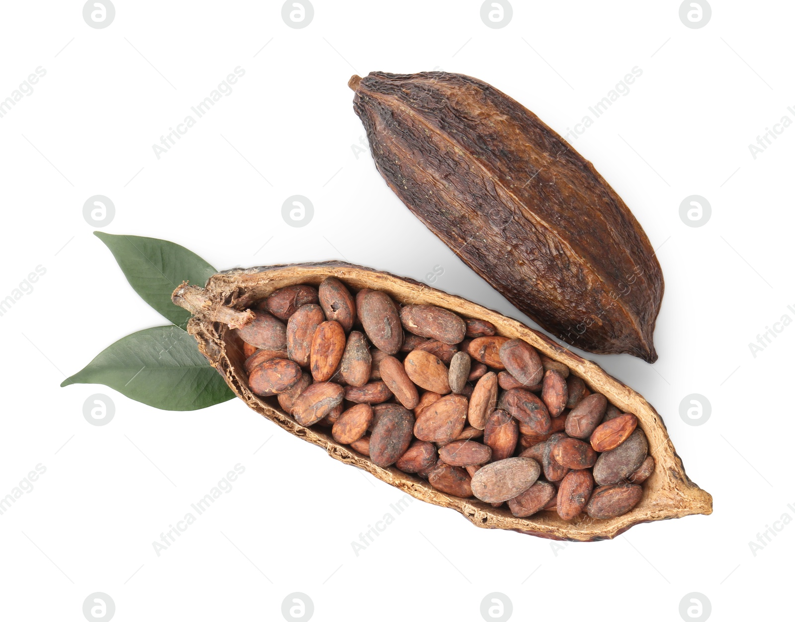 Photo of Cocoa pods with beans and leaves isolated on white, top view