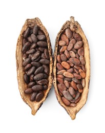 Photo of Cocoa pods with beans isolated on white, top view