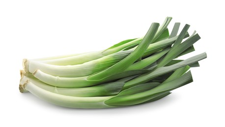 Photo of Fresh leeks isolated on white. Spicy vegetable