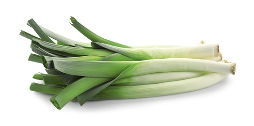 Photo of Fresh leeks isolated on white. Spicy vegetable