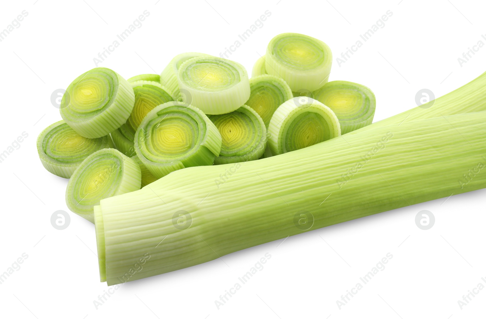 Photo of Whole and cut leeks isolated on white