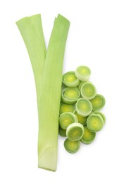 Photo of Whole and cut leeks isolated on white, top view