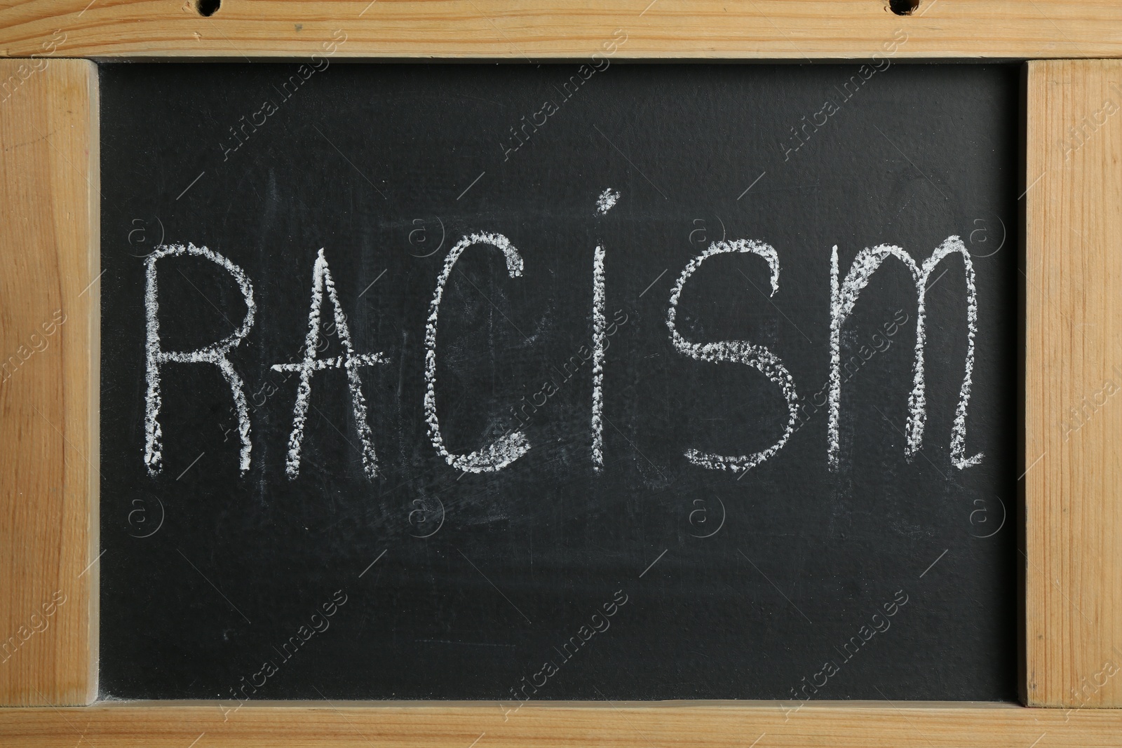 Photo of Chalkboard with word Racism as background, top view