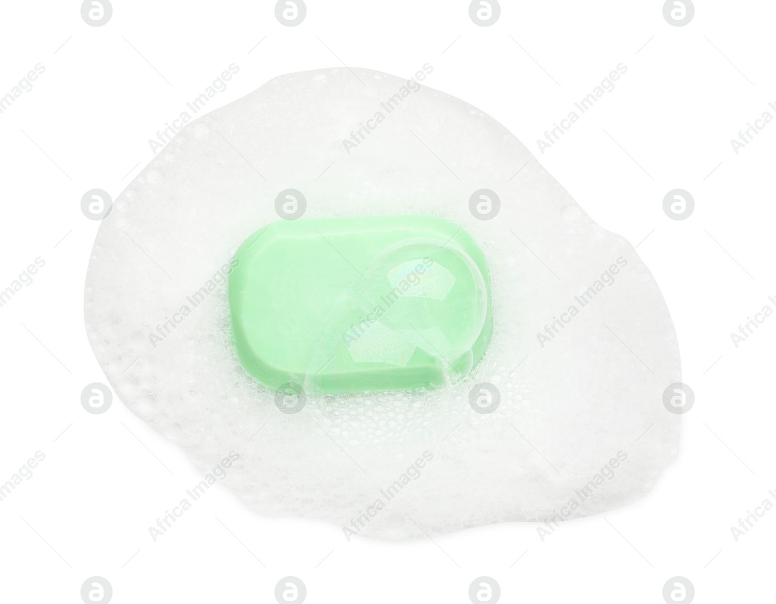 Photo of Green soap with foam on white background, top view