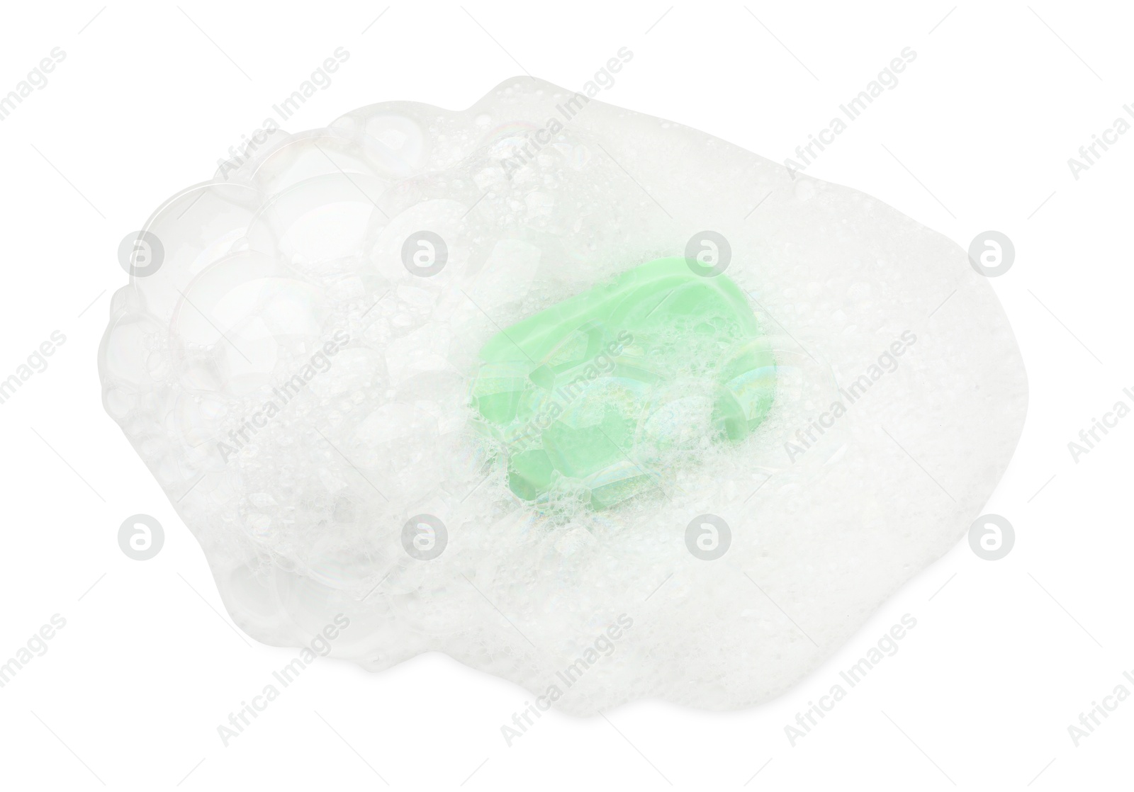 Photo of Green soap with foam on white background, top view