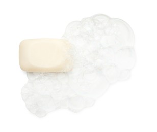 Photo of Soap with foam on white background, top view