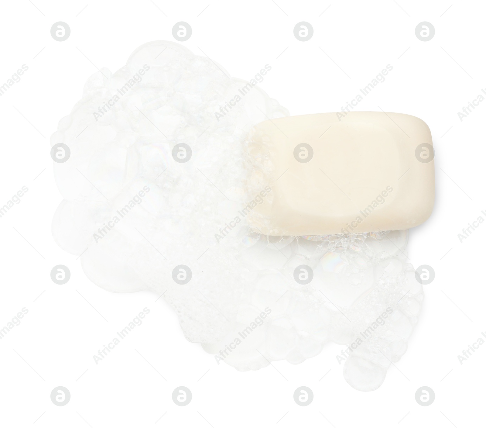 Photo of Soap with foam on white background, top view