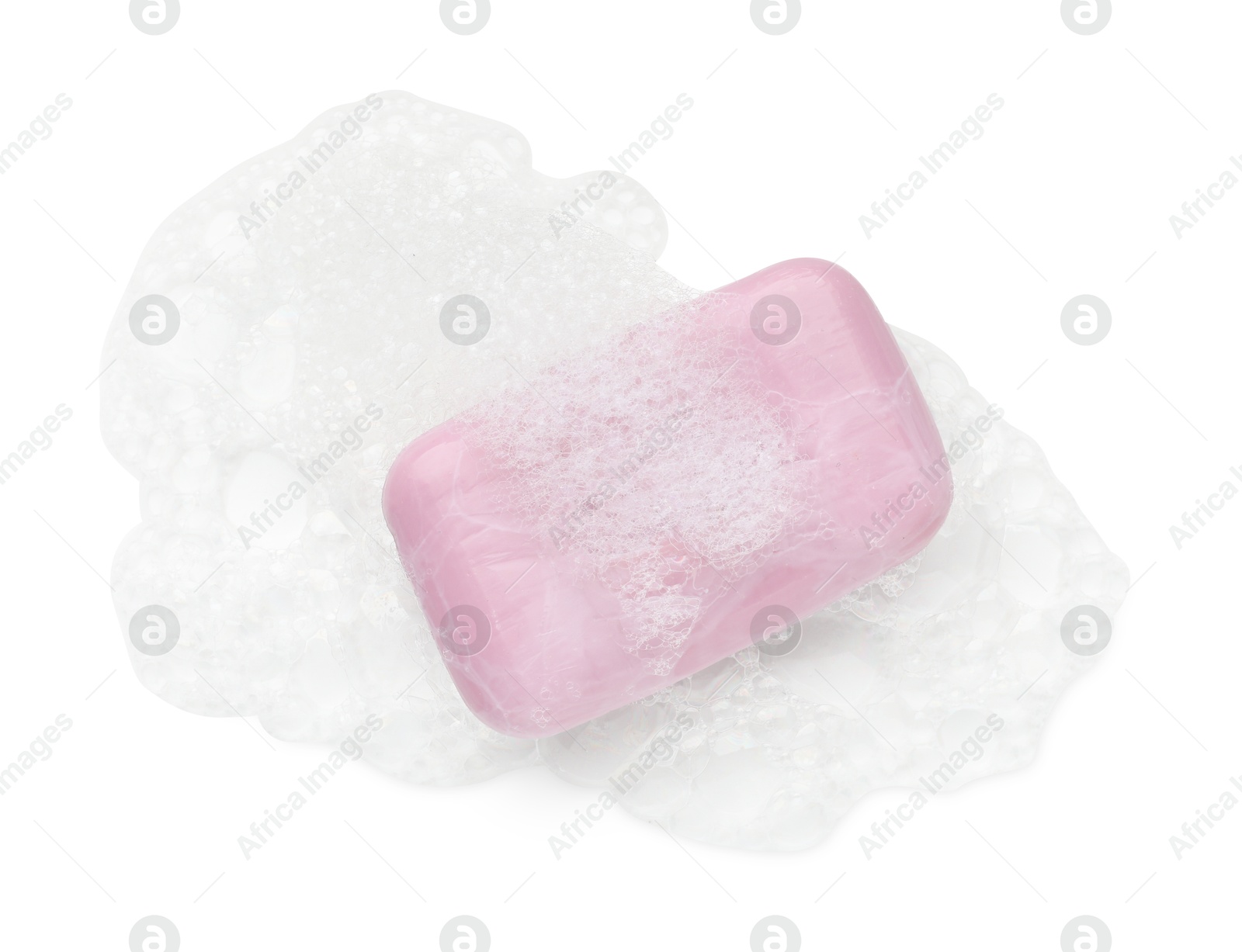 Photo of Violet soap with foam on white background, top view