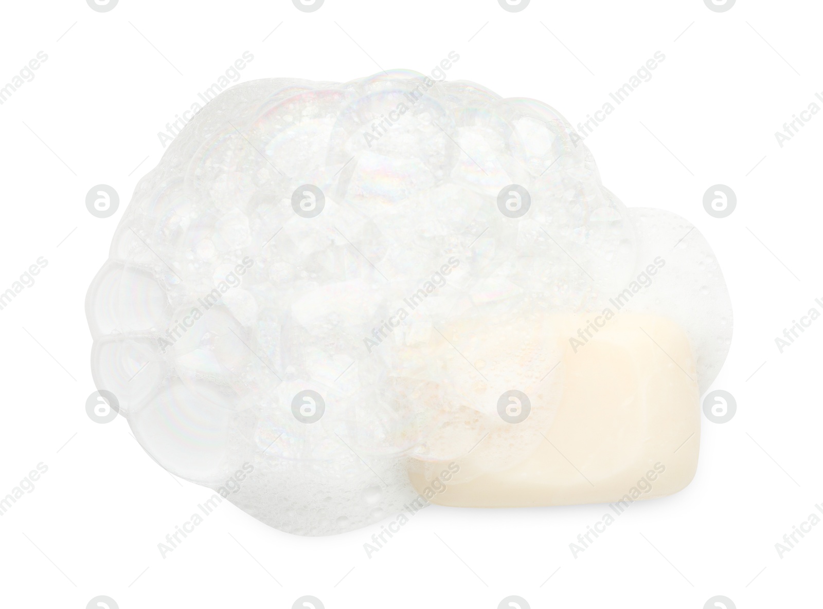 Photo of Soap with foam on white background, top view