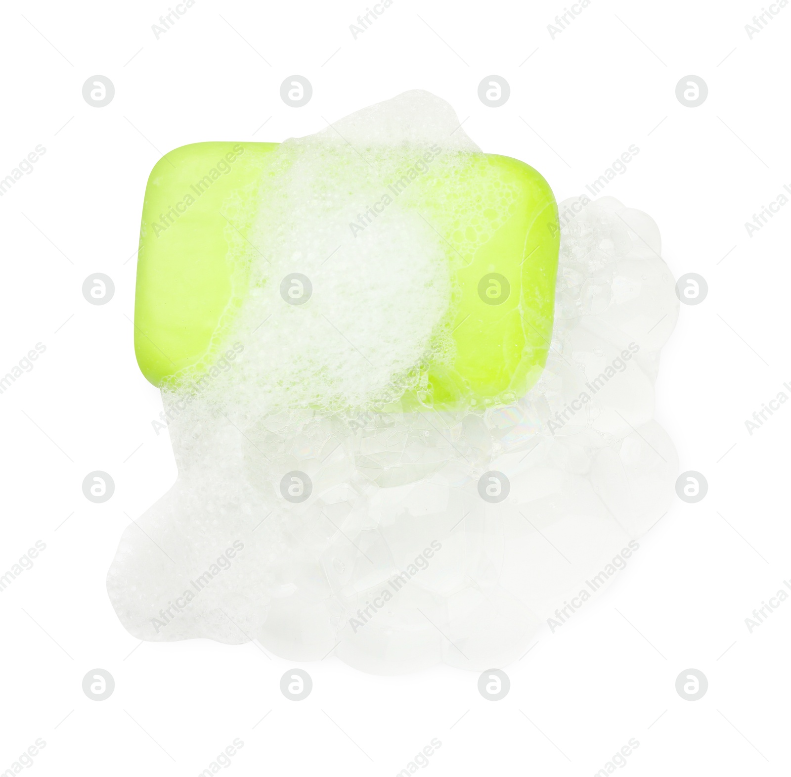 Photo of Green soap with foam on white background, top view