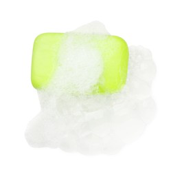 Photo of Green soap with foam on white background, top view