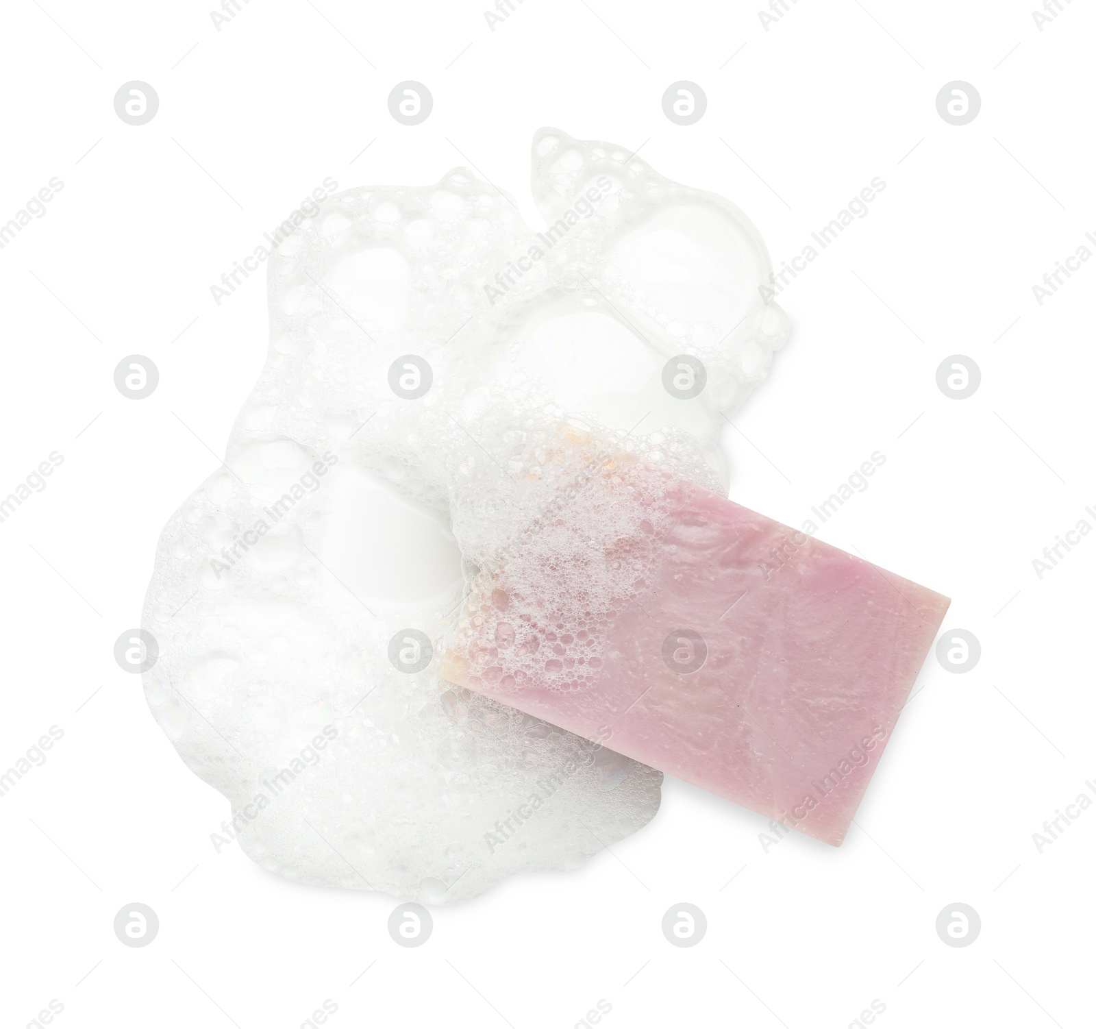 Photo of Soap with foam on white background, top view