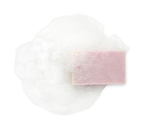 Photo of Soap with foam on white background, top view