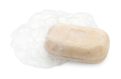 Photo of Bar soap with foam on white background