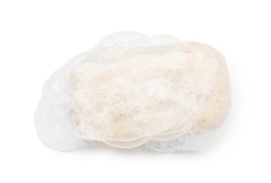 Photo of Soap with foam on white background, top view