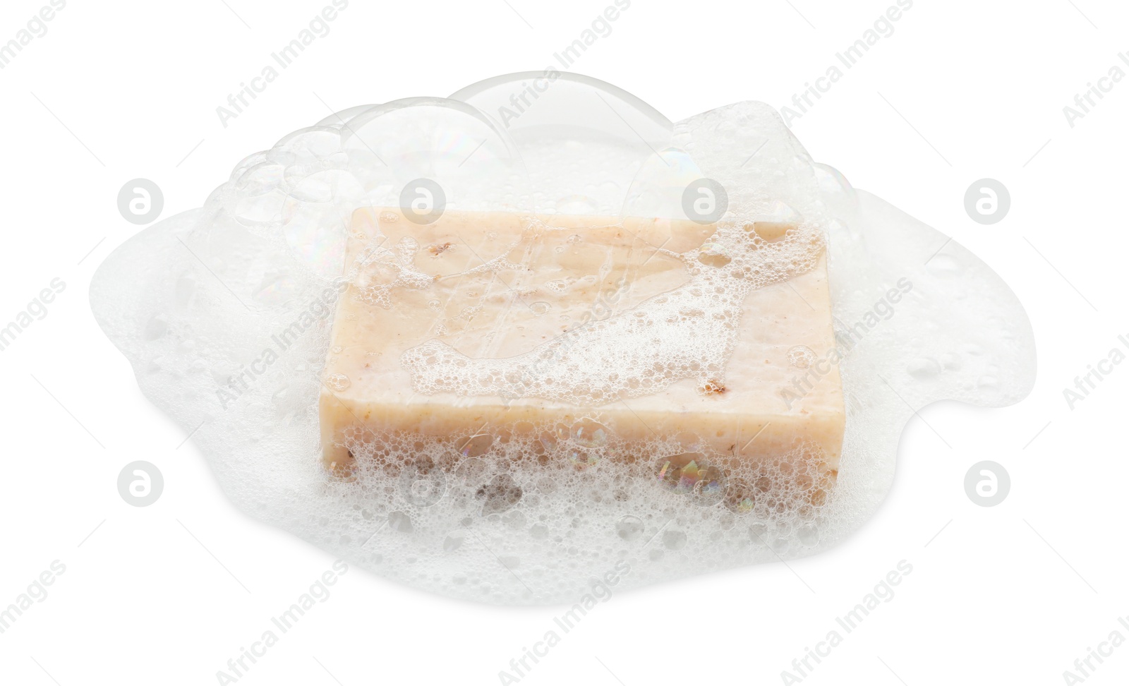 Photo of Bar soap with foam on white background